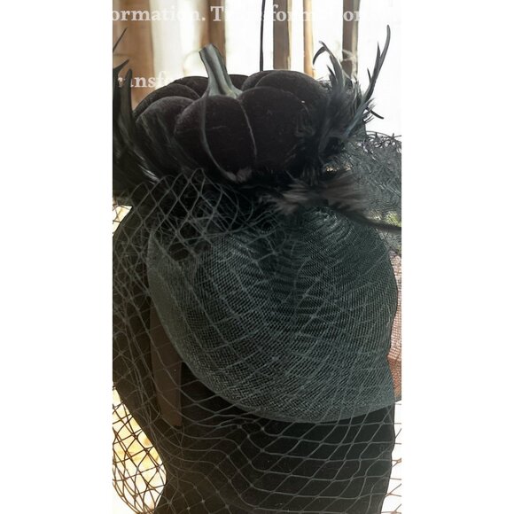 Halloween Black Feathered Fascinator Hat With Mesh Veil & Velvet Pumpkin Design - Picture 3 of 7
